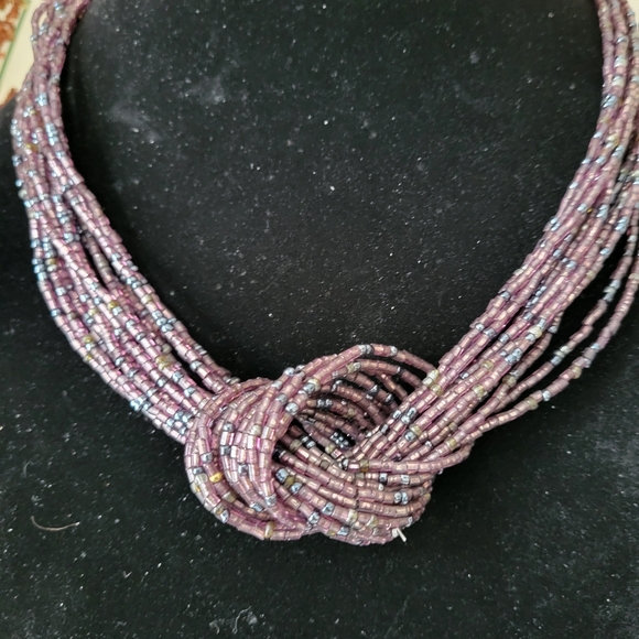 Purple Multistrand Knotted Seed Bead Necklace and Vintage Enamel Earrings - Picture 6 of 16